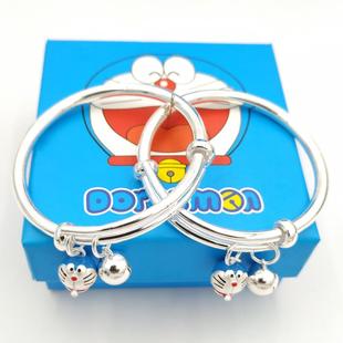 s990纯银手镯叮当猫蓝胖子机器猫铃铛手环，女儿童宝宝满月生日礼物