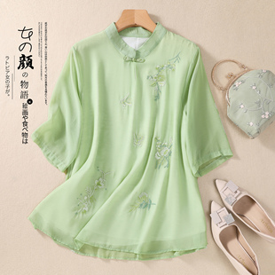 雪纺衬衫上衣女夏季民族风刺绣，中式立领茶服宽松复古改良汉服小衫