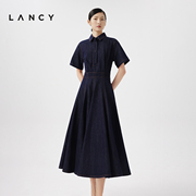 LANCY/朗姿2024春季短袖长款宽松衬衫式牛仔连衣裙女气质品牌