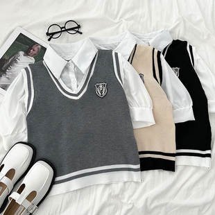 韩版学院风时尚减龄polo领拼接针织马甲背心假两件短袖衬衫上衣女