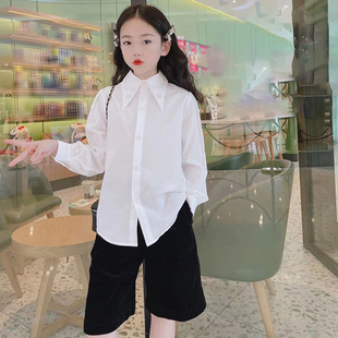 波拉韩国童装女童长袖衬衫2021秋季儿童中大童白色翻领洋气衬衣潮