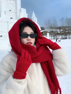 韩剧欧尼枣红色围巾女冬季韩版长款针织，流苏马海毛加厚保暖围脖