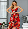 印花连衣裙沙滩高腰，吊带露背ebay跨境红色长裙