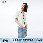 lily夏女装(夏女装，)别致洋气撞色v领短袖，吊带裙的外搭针织开衫女