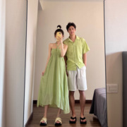 情侣装夏季海边沙滩度假衬衫小众，设计绿色挂脖吊带连衣裙一衣一裙