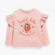 女童草莓长袖t恤粉红色，上衣儿童纯棉春秋装，宝宝木耳边打底体恤衫6