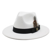 白色毛呢绅士古典英伦爵士羽毛礼帽修饰脸型男女式毡帽Fedora Hat