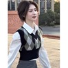 韩系学院风套装女春秋小个子菱格短款针织马甲背心搭配衬衫两件套