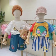 儿童撞色卡通印花T恤2024韩国纯棉拼色男童宝宝短袖上衣儿童短裤