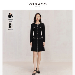 100绵羊毛VGRASS小香风黑白撞色边针织连衣裙冬季时尚