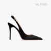 hltino2024年夏季黑色一字带法式包头尖头高跟细跟大码凉鞋女