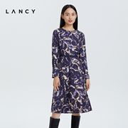 LANCY/朗姿秋冬真丝羊毛印花连衣裙中长款圆领收腰显瘦高级裙子女