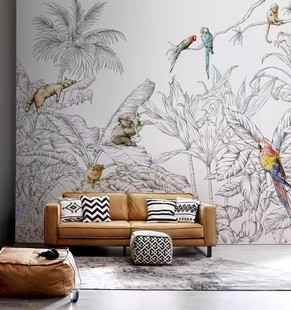法式清新线描热带雨林动物定制壁画客厅卧室背景现代环保墙纸壁布