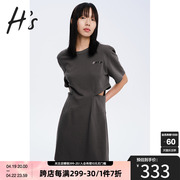 HS奥莱2023夏季短袖卫衣裙女装灰色高级感镂空收腰卫衣连衣裙