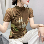 中国风夏装网纱盘扣印花短袖t恤女修身显瘦气质洋气别致上衣