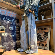 欧美bf风街头设计感拉链水洗牛仔裤男士做旧高街垂感宽松直筒裤子