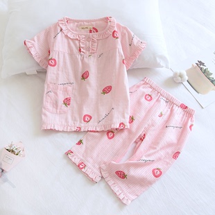 a类粉色草莓甜美儿童，夏薄纯棉纱布睡衣女童，短袖7分裤套头式家居服