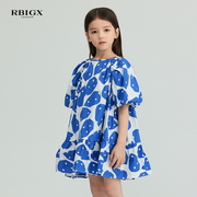 rbigx瑞比克童装夏季优雅甜美荷叶，边复古泡泡袖可爱连衣裙