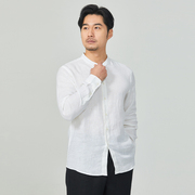 衬衫男长袖亚麻白色，休闲中国风复古立领，大码男士春季棉麻衬衣