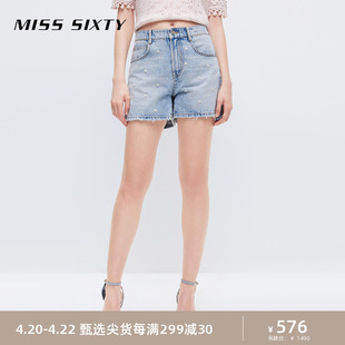 Miss Sixty夏季牛仔短裤女重工钉珠印花贝壳高腰显瘦休闲直筒裤