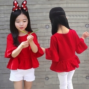女童韩版纯棉短袖t恤红色中袖娃娃衫，宽松女孩时尚洋气宽松上衣夏