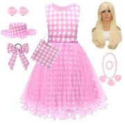 夏季barbie芭比cosplay粉色格子，吊带女童裙子cosplay连衣裙