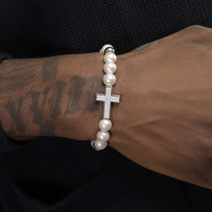 GRGR 原创 珍珠手链男嘻哈潮流小众设计满钻十字架手工串珠手饰女