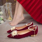 法式红色婚鞋新娘鞋不累脚，秀禾婚纱两穿粗高跟，平底孕妇礼服单鞋女