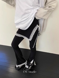 Exclusive type 韩国个性设计蕾丝接拼假两件松紧腰打底休闲裙裤