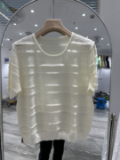 欧洲站24夏季温柔风圆领短袖纯色气质简约蕾丝拼接天丝亚麻女T恤