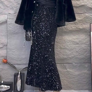 黑色亮片裙女冬季2023年高级感轻奢显瘦百搭宽松高腰鱼尾裙
