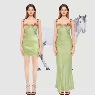 GARGA绿色复古设计感花朵刺绣吊带连衣裙女性感辣妹度假风长裙子