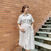 孕妇连衣裙夏季薄款高级气质显瘦纯棉亚麻条纹可哺乳衬衫裙中长款