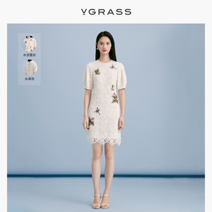 VGRASS设计感白色蕾丝连衣裙夏季气质精致裙子女VSL2O22880