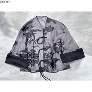 夏季超薄款透明欧根纱真丝，法式复古刺绣花中式蝙蝠型防晒服外套女