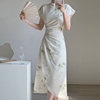 新中式国风改良旗袍裙，女夏季复古设计小众，褶皱竹叶印花连衣裙