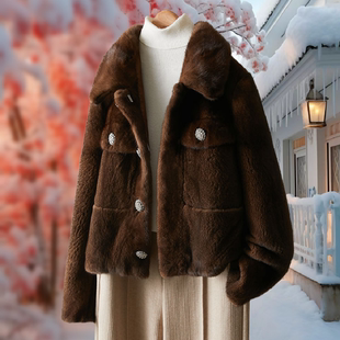 高端大气进口整貂冬季女士年轻款皮草短款长袖圆领水貂毛貂皮大衣