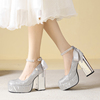 小个子12cm高跟鞋女粗跟银色，玛丽珍婚鞋厚底2024法式水晶单鞋