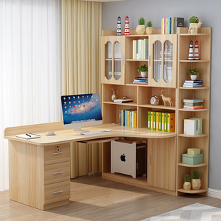 定制实木书桌书架组合转角，电脑桌台式书柜一体，儿童卧室拐角学生学