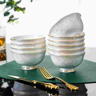 骨瓷高脚米饭碗中式家用10个装吃饭碗汤碗，金边陶瓷碗套装5寸