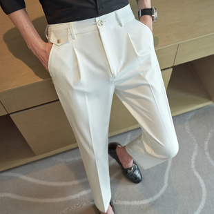 西裤男高级感修身小脚八分九分裤子白色夏季薄款8分9分商务休闲裤