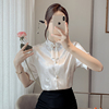 新中式上衣女短袖国风盘扣气质今年流行的漂亮醋酸缎面提花白衬衫