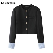 拉夏贝尔/La Chapelle黑色小香风外套女春季圆领百搭短款上衣
