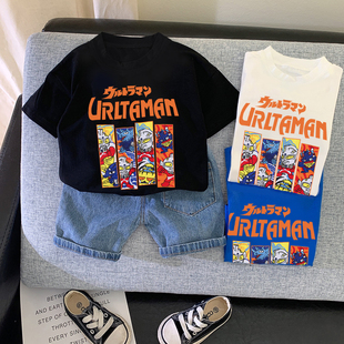 100%纯棉男童短袖超人t恤儿童装奥特曼卡通小童宝宝夏季洋气上衣
