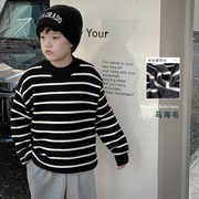 熊猫圆圆男童毛衣套头，秋冬2023儿童条纹针织衫，男孩童装衣服