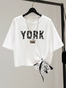 短袖t恤女2021夏季韩版ins潮，设计感小众白色绑带宽松短款上衣