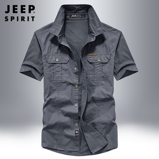 jeep吉普短袖衬衫男士，夏季宽松纯棉工装，名牌t恤休闲运动上衣