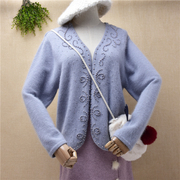 外贸原单秋冬天蓝色钉珠，安哥拉兔毛短款开衫外套，针织毛衣女(毛衣女)q147
