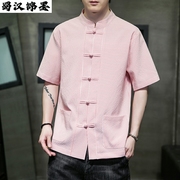 中国风男装亚麻衬衫男夏季大码棉麻，条纹中袖衬衣唐装上衣青年汉服