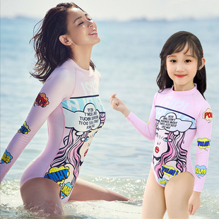 运动泳衣女连体长袖防晒韩国潜水服，女童速干温泉母女亲子泳装